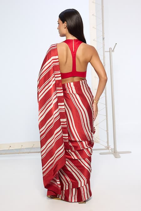 Ekaya Banaras Red Silk Striped Saree With Running Blouse 