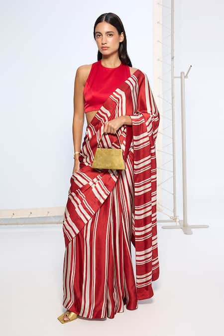 Ekaya Banaras_Red Satin, Silk Striped Saree With Running Blouse _Online_at_Aza_Fashions