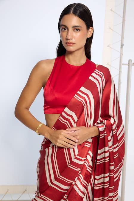 Buy_Ekaya Banaras_Red Satin, Silk Striped Saree With Running Blouse _Online_at_Aza_Fashions