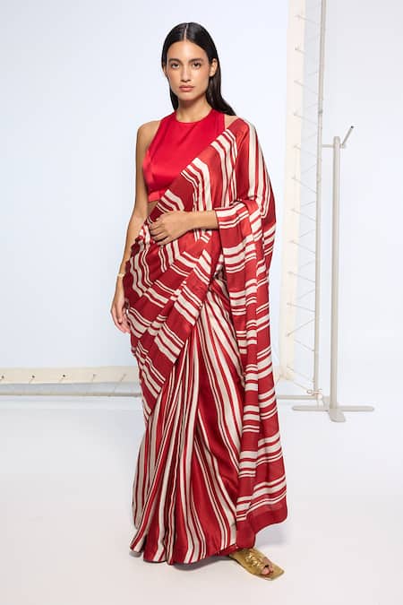 Shop_Ekaya Banaras_Red Satin, Silk Striped Saree With Running Blouse _Online_at_Aza_Fashions