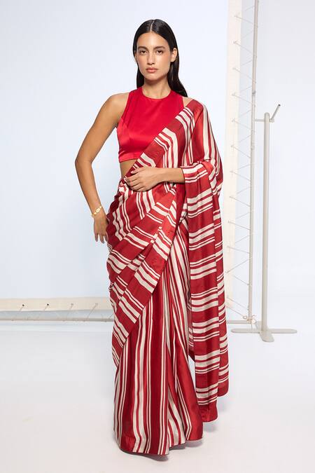 Ekaya Banaras_Red Satin, Silk Striped Saree With Running Blouse _at_Aza_Fashions