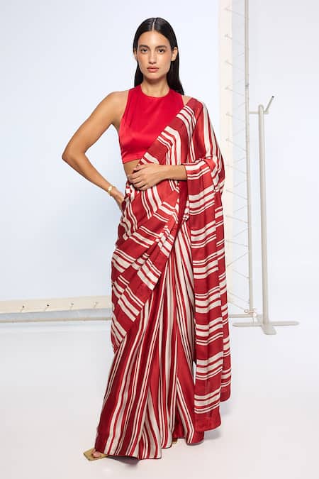 Ekaya Banaras Red Silk Striped Saree With Running Blouse 