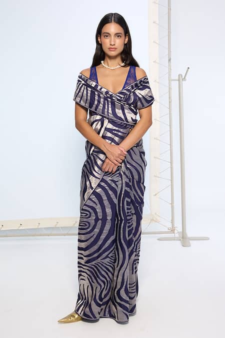 Ekaya Banaras_Navy Silk Zari Handwoven Dark Blue Saree With Running Blouse _Online_at_Aza_Fashions