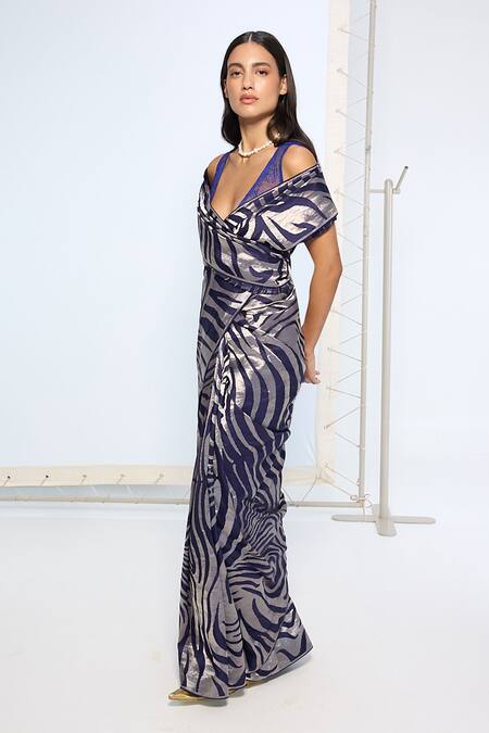 Buy_Ekaya Banaras_Navy Silk Zari Handwoven Dark Blue Saree With Running Blouse _Online_at_Aza_Fashions