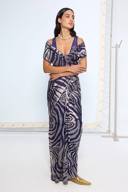 Shop_Ekaya Banaras_Navy Silk Zari Handwoven Dark Blue Saree With Running Blouse _Online_at_Aza_Fashions