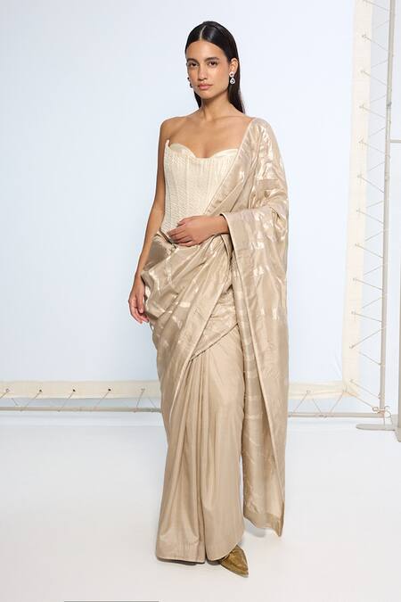 Ekaya Banaras_Beige Silk Zari Handwoven Saree With Running Blouse _Online_at_Aza_Fashions
