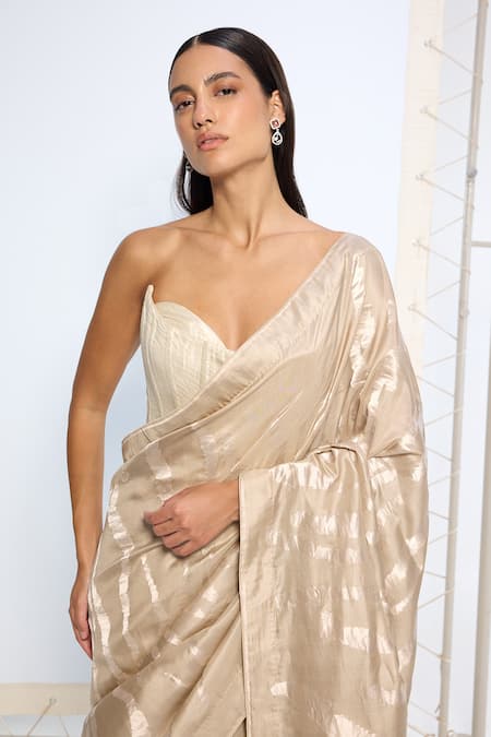 Buy_Ekaya Banaras_Beige Silk Zari Handwoven Saree With Running Blouse _Online_at_Aza_Fashions