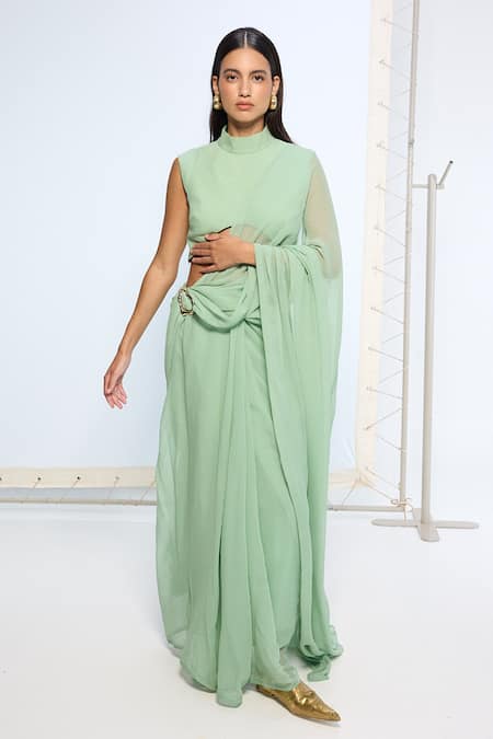 Ekaya Banaras_Green Chiffon Brooches Pale Saree With Running Blouse _Online_at_Aza_Fashions