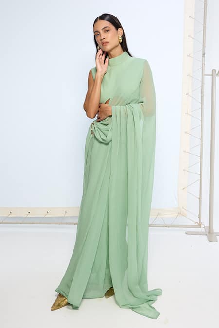 Buy_Ekaya Banaras_Green Chiffon Brooches Pale Saree With Running Blouse _Online_at_Aza_Fashions