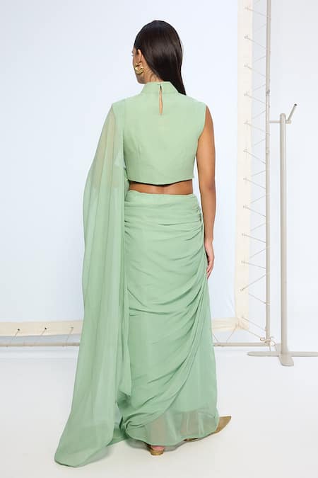 Ekaya Banaras Pale Green Brooch Saree With Running Blouse 