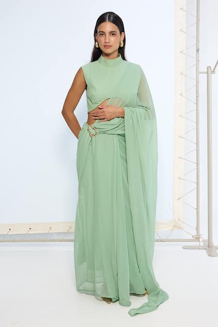 Shop_Ekaya Banaras_Green Chiffon Brooches Pale Saree With Running Blouse _Online_at_Aza_Fashions