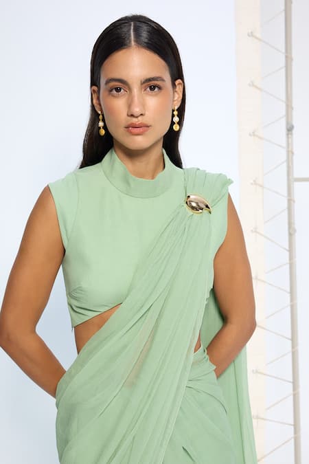 Ekaya Banaras_Green Chiffon Brooches Pale Saree With Running Blouse _at_Aza_Fashions