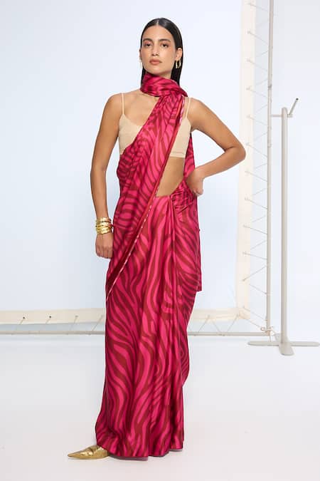 Ekaya Banaras Pink Silk Zebra Print Saree With Running Blouse Online at Aza Fashions Ekaya Banaras_Pink Silk Zebra Print Saree With Running Blouse _Online_at_Aza_Fashions