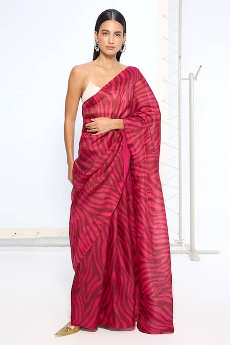 Ekaya Banaras Pink Silk Zebra Print Saree With Running Blouse 