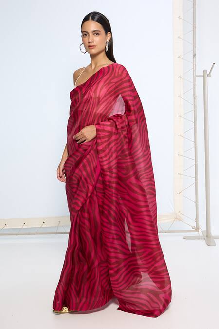 Buy Ekaya Banaras Pink Silk Zebra Print Saree With Running Blouse Online at Aza Fashions Buy_Ekaya Banaras_Pink Silk Zebra Print Saree With Running Blouse _Online_at_Aza_Fashions