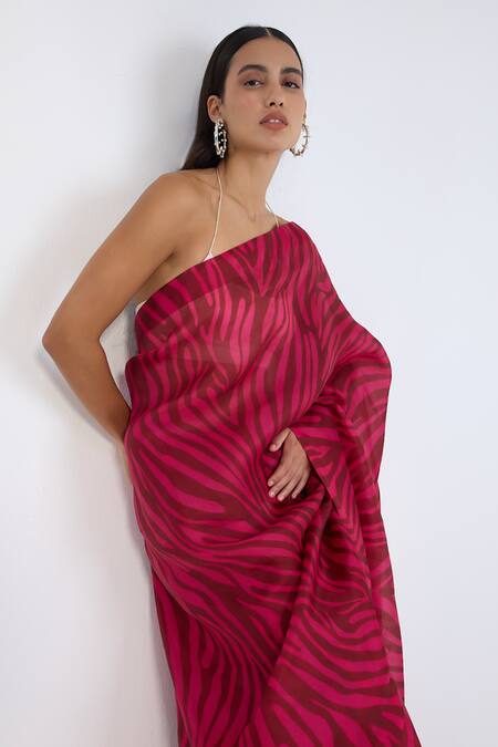 Shop Ekaya Banaras Pink Silk Zebra Print Saree With Running Blouse Online at Aza Fashions Shop_Ekaya Banaras_Pink Silk Zebra Print Saree With Running Blouse _Online_at_Aza_Fashions