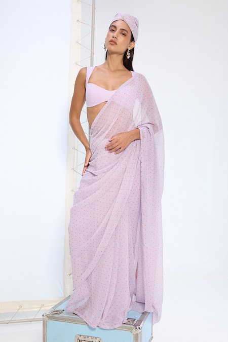 Ekaya Banaras_Purple Chiffon Lavender Polka Dotted Saree With Running Blouse _Online_at_Aza_Fashions