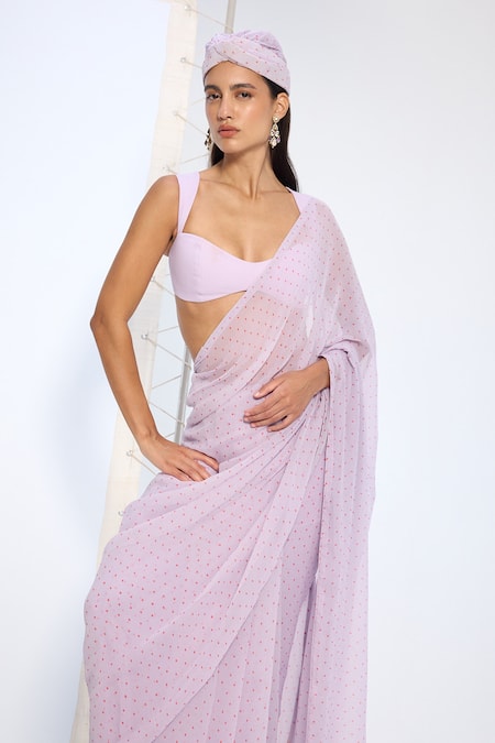 Buy_Ekaya Banaras_Purple Chiffon Lavender Polka Dotted Saree With Running Blouse _Online_at_Aza_Fashions
