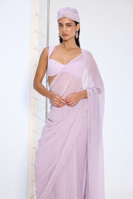 Ekaya Banaras_Purple Chiffon Lavender Polka Dotted Saree With Running Blouse _at_Aza_Fashions