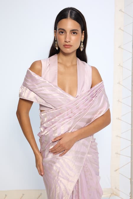 Ekaya Banaras_Lavender Silk Zari Handwoven Lilac Saree With Running Blouse _at_Aza_Fashions