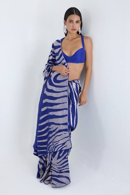 Ekaya Banaras_Blue Silk Zari Handwoven Dark Saree With Running Blouse _Online_at_Aza_Fashions