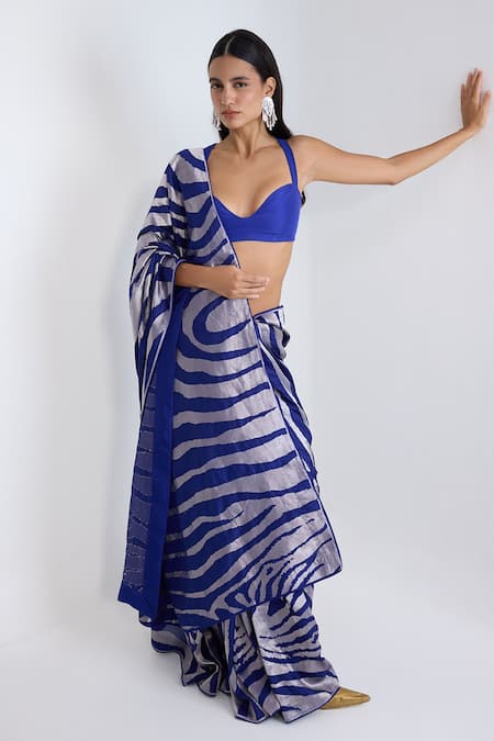 Buy_Ekaya Banaras_Blue Silk Zari Handwoven Dark Saree With Running Blouse _Online_at_Aza_Fashions