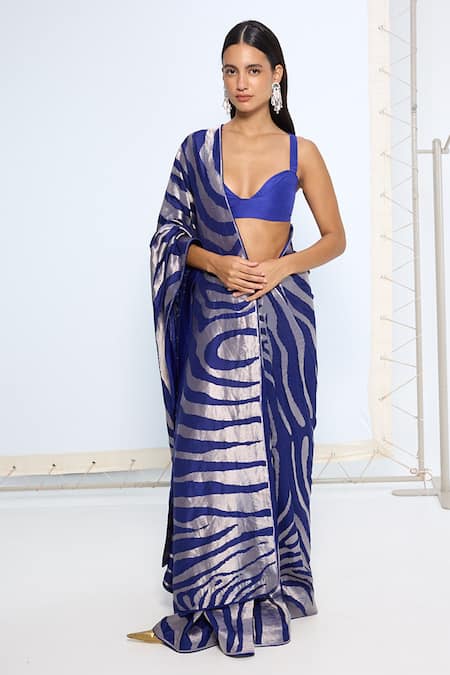 Ekaya Banaras Blue Silk Zari Handwoven Dark Saree With Running Blouse 