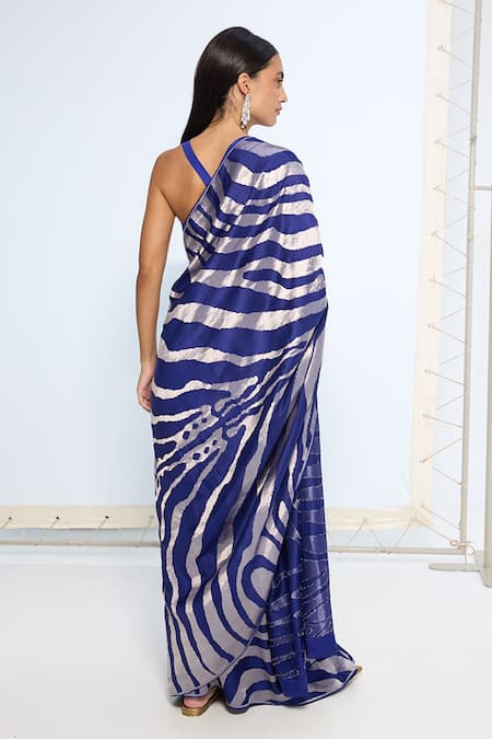 Ekaya Banaras Handwoven Dark Blue Silk Saree With Running Blouse 