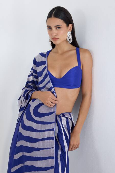 Shop_Ekaya Banaras_Blue Silk Zari Handwoven Dark Saree With Running Blouse _Online_at_Aza_Fashions