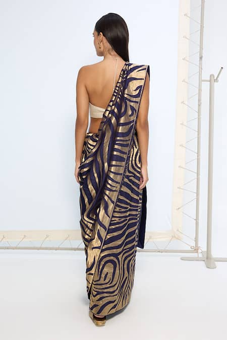 Ekaya Banaras Handwoven Blue & Gold Silk Saree With Running Blouse 