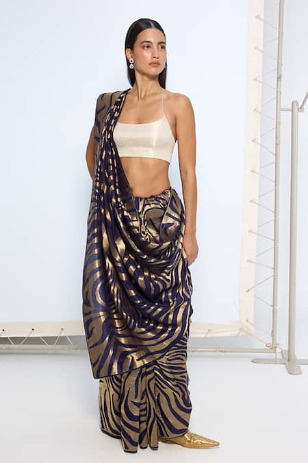 Ekaya Banaras_Blue Silk Zari Handwoven And Gold Saree With Running Blouse _Online_at_Aza_Fashions