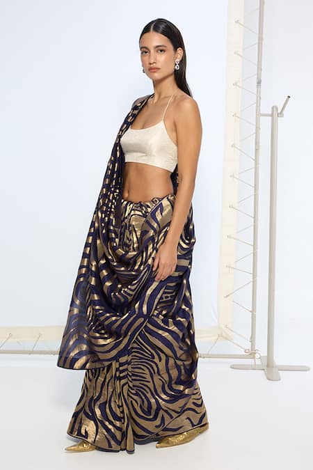 Shop_Ekaya Banaras_Blue Silk Zari Handwoven And Gold Saree With Running Blouse _Online_at_Aza_Fashions