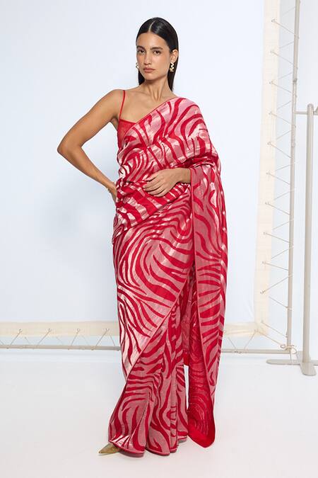 Ekaya Banaras Red Silk Zari Handwoven Scarlet Saree With Running Blouse Online at Aza Fashions Ekaya Banaras_Red Silk Zari Handwoven Scarlet Saree With Running Blouse _Online_at_Aza_Fashions