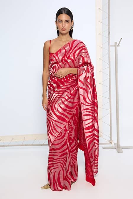 Ekaya Banaras Red Silk Zari Handwoven Scarlet Saree With Running Blouse