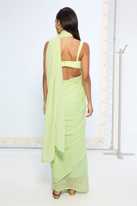 Ekaya Banaras Lime Green Polka Dotted Saree With Running Blouse 