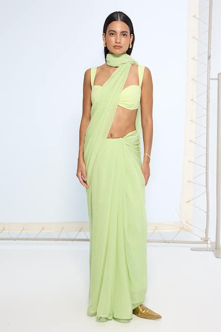 Ekaya Banaras_Green Chiffon Lime Polka Dotted Saree With Running Blouse _Online_at_Aza_Fashions