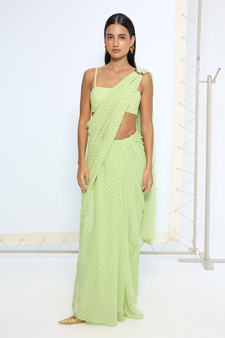 Ekaya Banaras Green Chiffon Lime Polka Dotted Saree With Running Blouse 