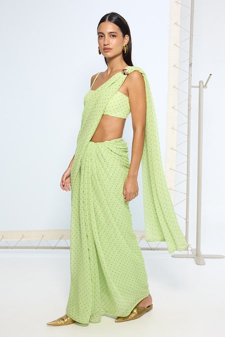 Ekaya Banaras_Green Chiffon Mint Polka Dotted Saree With Running Blouse _Online_at_Aza_Fashions