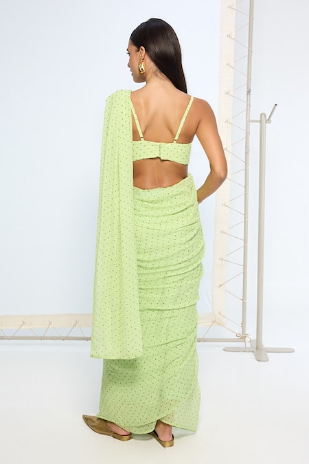 Ekaya Banaras Mint Green Polka Dotted Saree With Running Blouse 