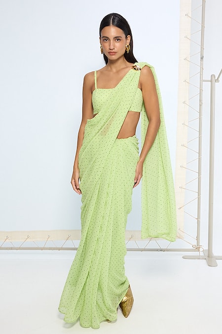 Ekaya Banaras Green Chiffon Mint Polka Dotted Saree With Running Blouse 