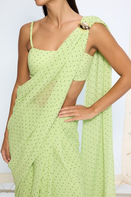 Buy_Ekaya Banaras_Green Chiffon Mint Polka Dotted Saree With Running Blouse _Online_at_Aza_Fashions