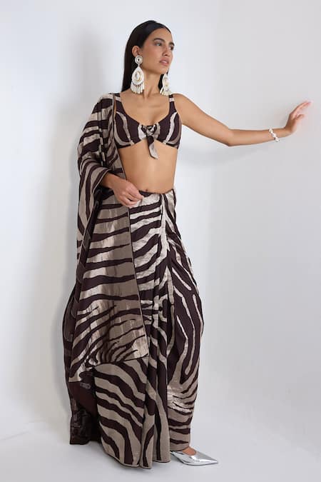 Ekaya Banaras Brown Silk Zari Handwoven Chocolate Saree With Running Blouse 
