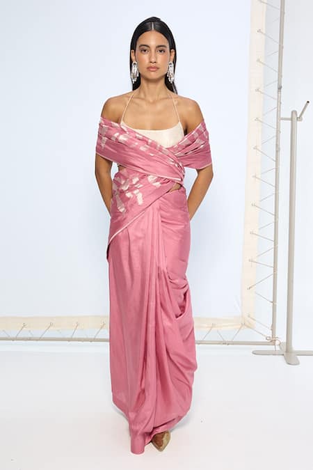 Ekaya Banaras_Pink Silk Zari Handwoven Dusty Saree With Running Blouse _Online_at_Aza_Fashions