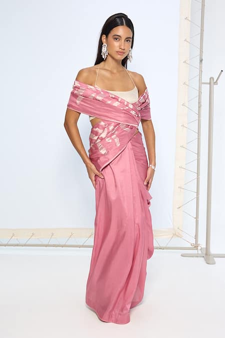 Buy_Ekaya Banaras_Pink Silk Zari Handwoven Dusty Saree With Running Blouse _Online_at_Aza_Fashions