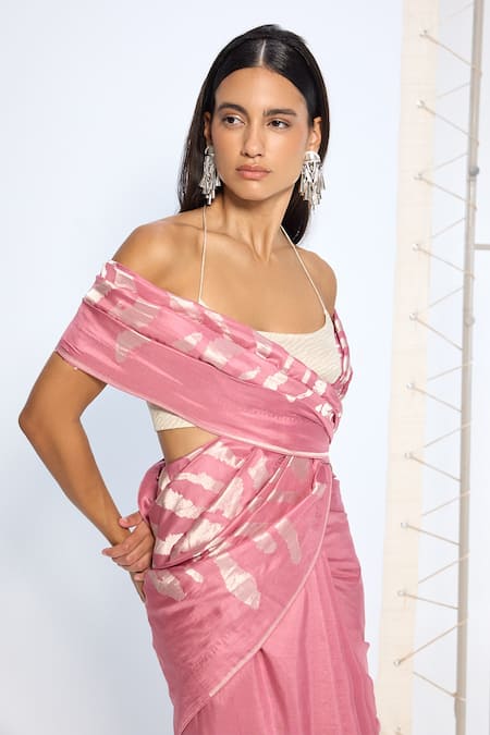 Ekaya Banaras_Pink Silk Zari Handwoven Dusty Saree With Running Blouse _at_Aza_Fashions