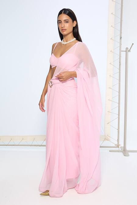 Shop Ekaya Banaras Blush Chiffon Pink Brooch Saree With Running Blouse Online at Aza Fashions Shop_Ekaya Banaras_Blush Chiffon Pink Brooch Saree With Running Blouse _Online_at_Aza_Fashions