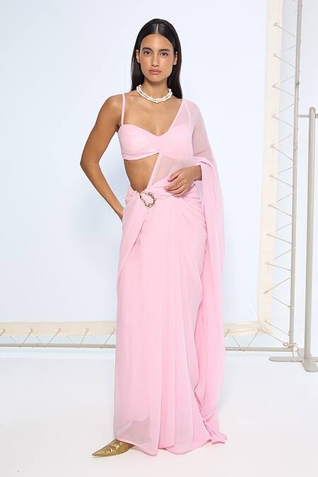 Ekaya Banaras Blush Chiffon Pink Brooch Saree With Running Blouse at Aza Fashions Ekaya Banaras_Blush Chiffon Pink Brooch Saree With Running Blouse _at_Aza_Fashions