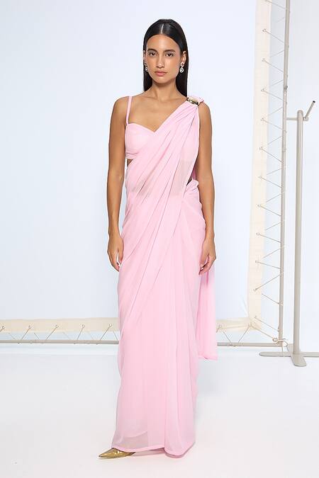 Buy Ekaya Banaras Blush Chiffon Pink Brooch Saree With Running Blouse Buy_Ekaya Banaras_Blush Chiffon Pink Brooch Saree With Running Blouse