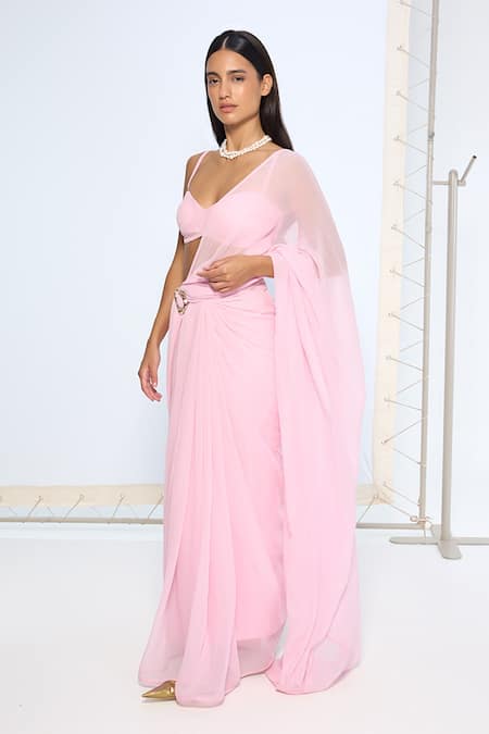 Shop_Ekaya Banaras_Pink Chiffon Blush Movable Brooch Saree With Running Blouse _Online_at_Aza_Fashions