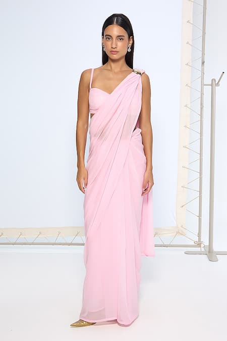 Ekaya Banaras_Pink Chiffon Blush Movable Brooch Saree With Running Blouse _at_Aza_Fashions